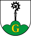 Gundelshausen In Silber (weiß) aus einem grünen, mit goldenem (gelbem) lateinischen Großbuchstaben G belegten Dreiberg wachsend ein schwarzer Abtsstab.
