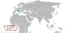 Map indicating locations of Italy and Malaysia