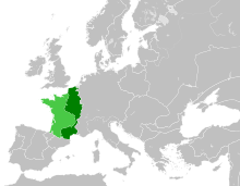 The Kingdom of France in 1190. The bright green area was controlled by the so-called Angevin Empire.