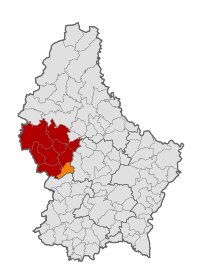 Map of Luxembourg with Saeul highlighted in orange, and the canton in dark red