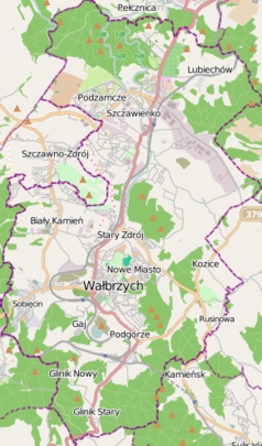 Mapa konturowa Wałbrzycha, blisko centrum na lewo u góry znajduje się punkt z opisem „Szczawno”