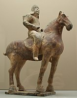 A ceramic cavalryman with a horn, Northern Wei (386–534)