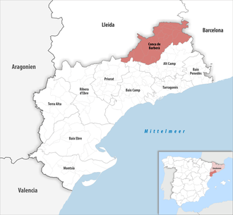 Die Lage der Comarca Conca de Barberà in der Provinz Tarragona