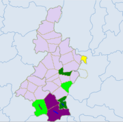 Ethnic townships in Yunnan Qujing. Light green - Yi. Blue - Miao. Red - Zhuang. Dark green - Bouyei. Yellow - Shui