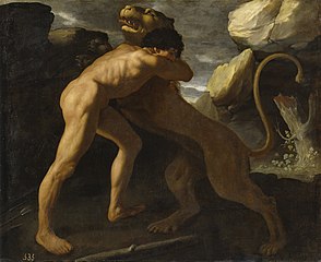 Herkules vernichtet den Löwen von Nemea, Francisco de Zurbarán, 1634, ursprünglich Schloss Buen Retiro, eine von zehn Herkulesszenen, im Auftrag von König Philipp IV. von Spanien, heute Museo del Prado, Madrid
