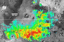 Figure 1b. Map of surface hematite levels in the region around the equator and prime meridian (now called Meridiani Planum). This is a high-resolution blow-up of the central part of Figure 1a overlaid over a image of the region. Mapped from 1997 to 2002.