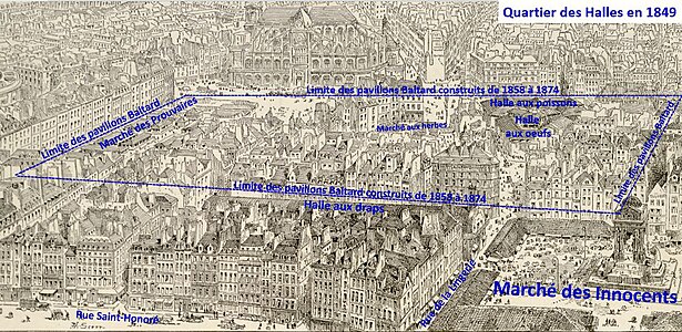 Das Quartier des Halles im Jahr 1849 mit Angabe der Flächen der von 1854 bis 1874 gebauten Baltard-Hallen