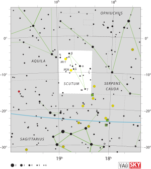 Kalkan takımyıldızı'nın sınırlarını ve yıldızların konumlarını gösteren diyagram