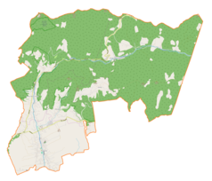 Mapa konturowa gminy Łękawica, blisko centrum u góry znajduje się punkt z opisem „Kocierz Rychwałdzki”