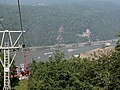 A chairlift in Assmannshausen, view to a Castle Rheinstein on the opposite bank of river Rheine