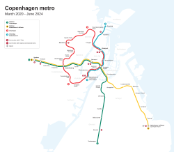 Stilisert linjekart over metroens fire linjer etter anlegget av Cityringen.