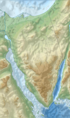 Mapa konturowa Synaju, blisko lewej krawiędzi u góry znajduje się punkt z opisem „miejsce bitwy”