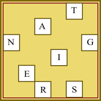 A blank square scattered with the letters of the word "tangiers".