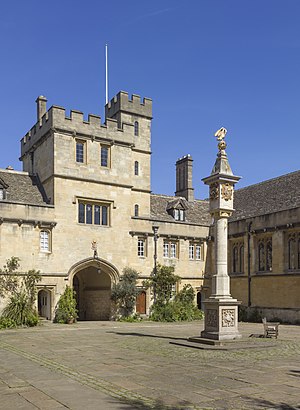 The sundial pillar in the quadrangle of Corpus Christi College. The college, one of the smallest in terms of student numbers, was founded by Richard Foxe, the Bishop of Winchester, in 1517. The sundial pillar was added in 1581.