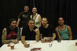 Alien Ant Farm posing with fans in 2015. From left to right: Terry Corso, Dryden Mitchell, Tim Peugh, Mike Cosgrove.