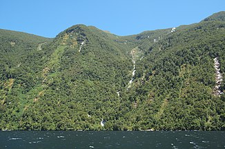 Die im Sommer wenig wasserführenden Browne Falls (Bildmitte)