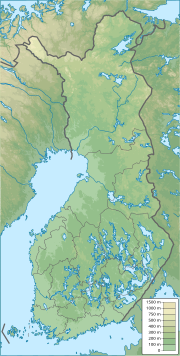 Mapa konturowa Finlandii, blisko centrum na prawo znajduje się punkt z opisem „źródło”, natomiast w centrum znajduje się punkt z opisem „ujście”