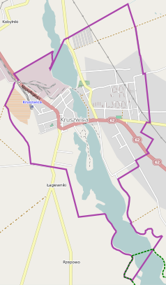 Mapa konturowa Kruszwicy, blisko centrum na lewo u góry znajduje się punkt z opisem „Cmentarz żydowski w Kruszwicy”