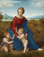 The Madonna of the Meadow, c. 1506, using Leonardo's pyramidal composition for subjects of the Holy Family.[35]