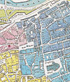 Der Hohe Markt auf einem Stadtplan von Carl Graf Vasquez um 1830; die Stadtviertel sind eingefärbt: rosa = Schottenviertl; dunkelblau = Stubenviertl; gelb = Wimmerviertl; hellblau = Kärnthnerviertl; Norden entspricht etwa 10.30 Uhr