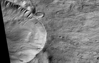 Gullies in crater on the rim of Slipher. This is an enlargement of the previous image.