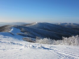 Uitzicht vanaf de Ďurkovec (1.188 m) in de richting van de Pľaša (midden) en de op Pools grondgebied gelegen Jasło (rechts).