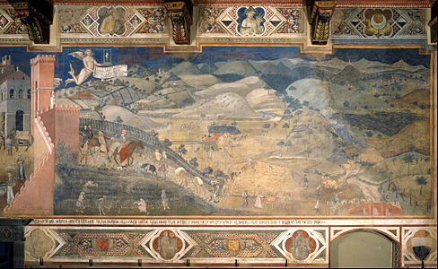 Folgen der guten Regierung auf dem Land, Fresko, 1337–1340, Sala dei Nove, Palazzo Pubblico, Siena