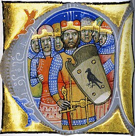 The seven chieftains of the Hungarians, Árpád, Grand Prince of the Hungarians is in the middle with a Turul shield. (Chronicon Pictum)