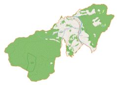 Mapa konturowa gminy Rytro, blisko centrum u góry znajduje się punkt z opisem „Roztoka Ryterska”