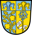 Gemeinde Bodolz Unter von Gold und Blau gespaltenem Schildhaupt, darin je eine oberhalbe heraldische Lilie in verwechselten Farben, gespalten von Blau und Gold; vorne ein goldener Apfelbaumzweig mit zwei goldenen Äpfeln und goldenen Blättern, hinten ein wachsender blauer Äbtissinnenstab mit abhängendem silbernen Velum.