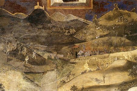 Folgen der schlechten Regierung auf dem Land, Fresko, 1337–1340, Sala dei Nove, Palazzo Pubblico, Siena