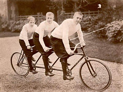 Brazilian princes (from left) Antônio, Luís, and Pedro on a triple tandem bicycle during their exile, 1891
