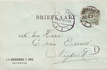 Berichtkaart van Deventer naar Nijkerk, 28 december 1912, met aankomststempel van dezelfde dag en bestellersstempeltje C.1. Het ovale stempeltje behoorde toe aan besteller nr. 1 en de kaart ging mee met de derde bestelling van die dag, vandaar de letter C