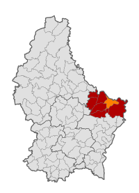 Map of Luxembourg with Echternach highlighted in orange, and the canton in dark red