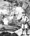 This print dates to the 18th century. The name of the author is unknown. Pirate captain Henry Every is depicted on shore while his ship, the Fancy, engages an unidentified vessel.