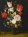 Tulpen, Chrysanthemen, Narzissen, Rosen, Iris und andere Blumen in einer Glasvase, 1608–1610, Öl auf Kupfer, 35 × 25,2 cm, Privatsammlung