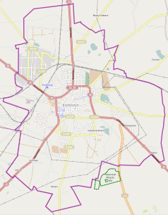 Mapa konturowa Krotoszyna, blisko centrum na lewo u góry znajduje się punkt z opisem „Krotoszyn Wąskotorowy”