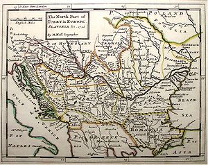 Kroatische Länder (Dalmatien, Slawonien und (Kern)kroatien) sind auf der linken Seite dieser englischen Karte aus 1726 deutlich erkennbar