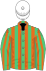 Emerald green and orange stripes, white cap