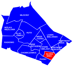 Location of Słodowiec within the district of Bielany, in accordance to the City Information System.