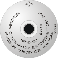 Diagram of a cylinder shoulder with stamp marking: M25x2 ISO BS5045/3/B/S CP 23200kPa 11/92 SER NO P2699M LUXUK 2451 3V03 TP 34800kPa CAPACITY 12.2L TARE 16.3 kg, and three hydrostatic test dates