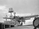 An 830 Naval Air Squadron Barracuda taking off at the start of Operation Mascot