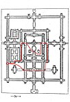 Map of Beng Mealea, from a drawing by Leon de Beylie (1849-1910). In red the partially equipped path used to visit the temple.