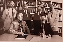 Photograph of 6 former Keepers of Conservation at the British Museum. Persons depicted are Andrew Oddy, Dr Michael W. Pascoe, Harold Barker, Dr M Stile, Dr Harold Plenderleith and Dr Anthony Werner.