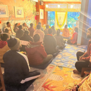 Devotees of Neem Karoli Baba meditating at NKB Divine Meditation Centre, New Delhi