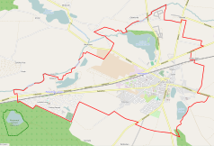 Mapa konturowa Pobiedzisk, blisko prawej krawiędzi nieco na dole znajduje się punkt z opisem „Klasztor Sióstr Sacré Coeur w Pobiedziskach”