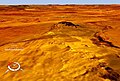 Oblique Landsat image of Tabun-Khara-Obo crater draped over digital elevation model (x5 vertical exaggeration); screen capture from NASA World Wind.