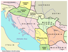 Χάρτης Ρωμαϊκών επαρχιών όπου φαίνεται η περιοχή της σημερινής χώρας να βρίσκεται μοιρασμένη μεταξύ Παννονίας και Δαλματίας