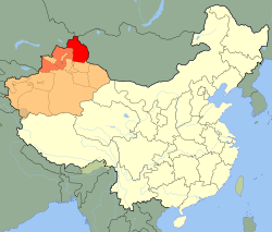 Altay Prefecture (red) in Ili Kazakh Autonomous Prefecture (light red) and Xinjiang (orange)