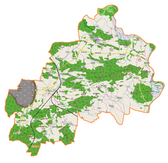 Mapa konturowa gminy Rudna, po prawej nieco u góry znajduje się punkt z opisem „Parafia Świętych Apostołów Piotra i Pawła w Chobieni”